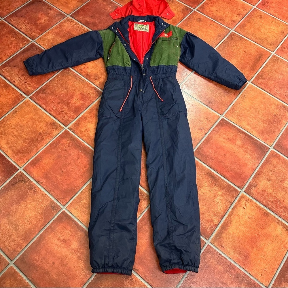 Men's Navy Ski One-Piece Snow Suit with Red Hood